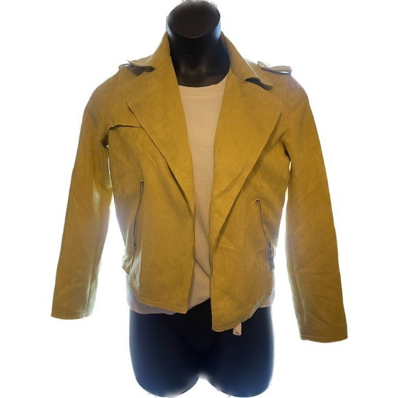 Philosophy Faux Leather‎ Jacket Women's Small Yellow Open Front Zipper Pockets - Picture 2 of 7